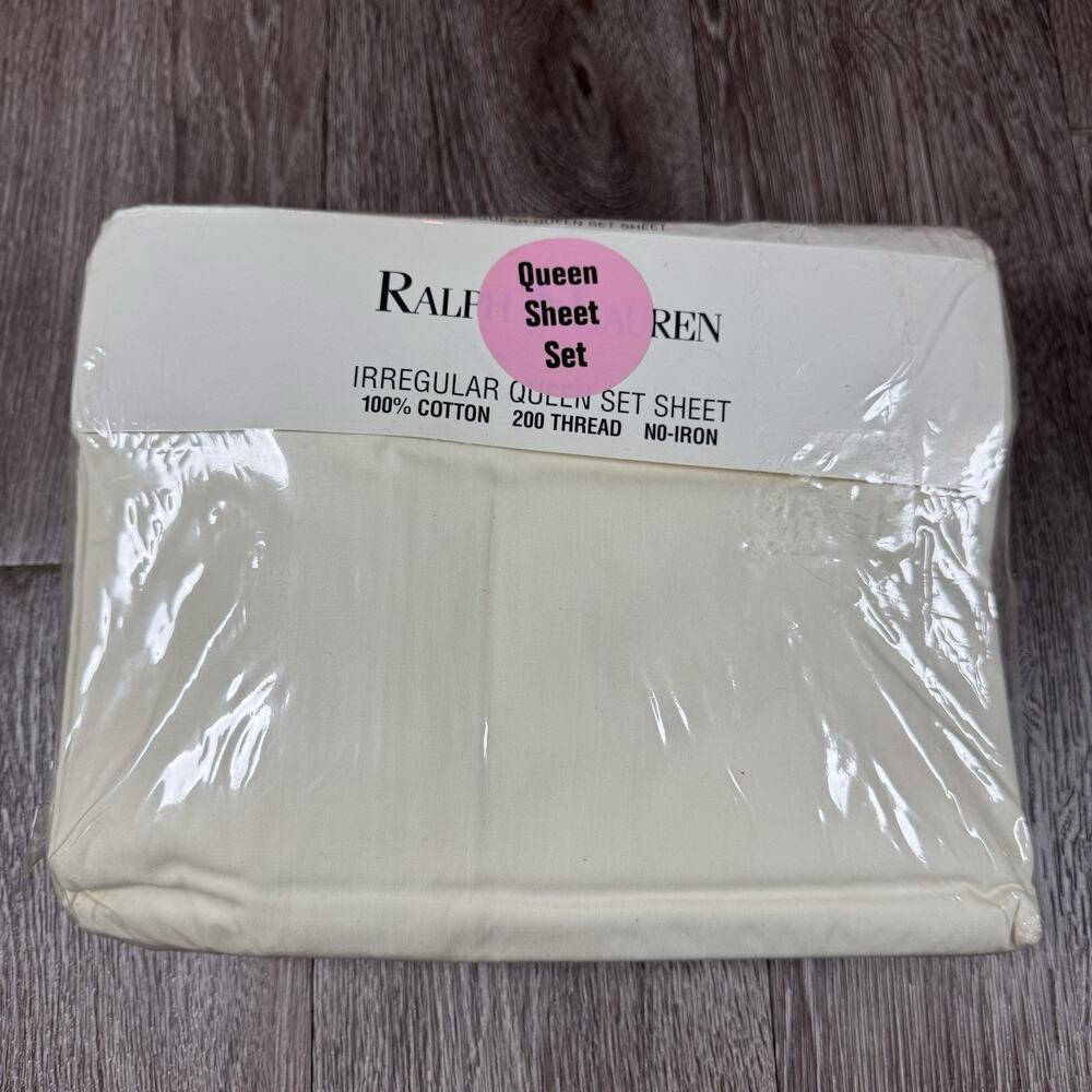 Ralph Lauren Queen Cream Irregular Sheet Set 100% Cotton 200 TC No Iron USA Made